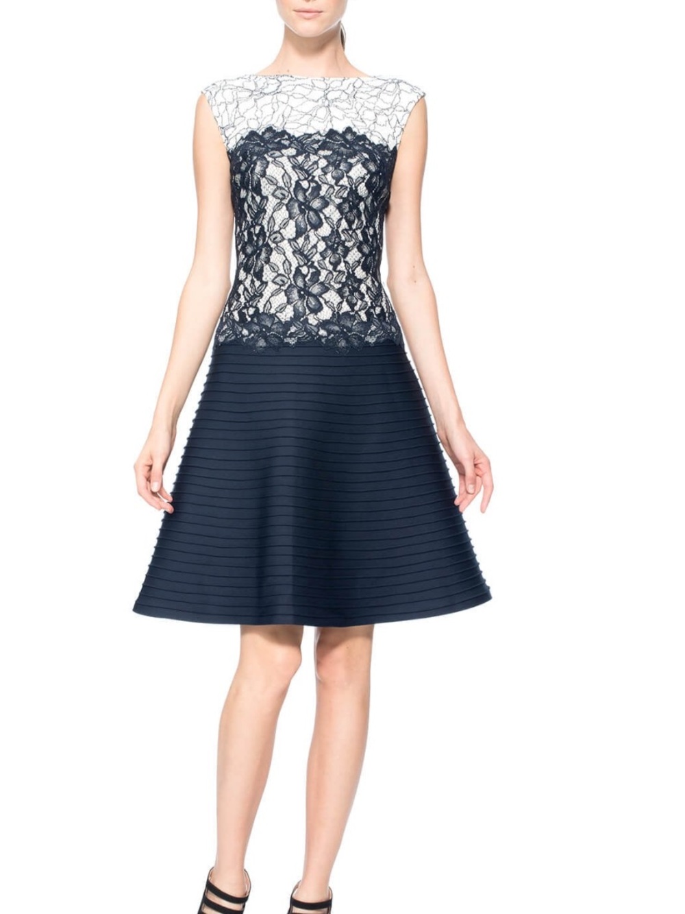 Tadashi shoji pintuck neoprene a-line cocktail dress lace bodice NWT SZ 6